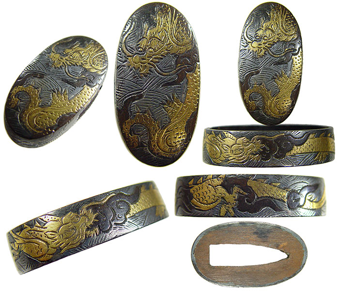 刀装具】江戸時代 古鉄製 金銀象嵌 縁頭の縁 (検索・日本刀 目貫