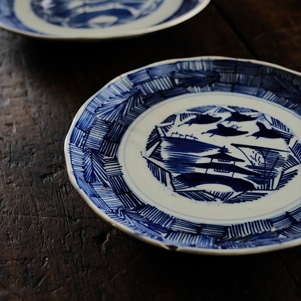 和食器 染付 吹墨文小皿 十二客 書付箱 V R7437 和食器 染付 吹墨文