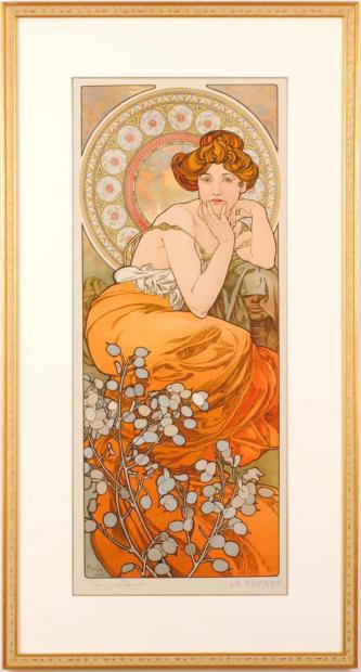 エッチング ガラス彫刻 ヴィンテージアート工芸品 額入り ミュシャの絵