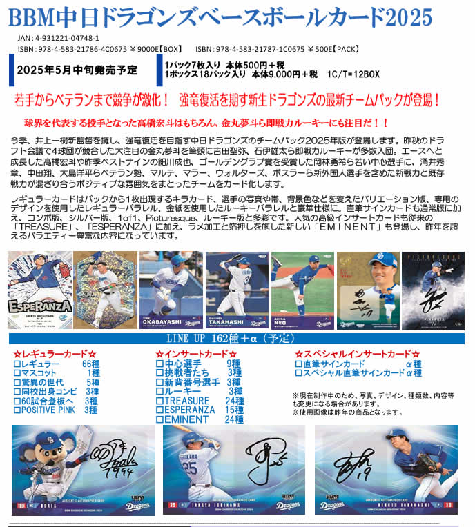楽天市場】BBM 中日ドラゴンズ ベースボールカード 2025 BOX（送料無料