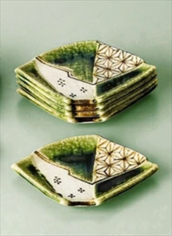 織部焼茶碗5個と扇皿1枚 [B27823] 織部焼茶碗5個と扇皿1枚 [B27823]