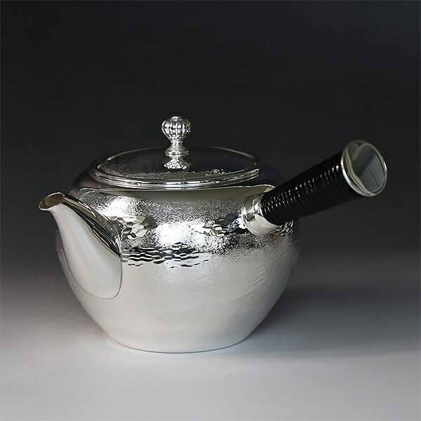 純銀製 東山造 紋波 湯沸 貴石摘 木取手 煎茶道具 古美術