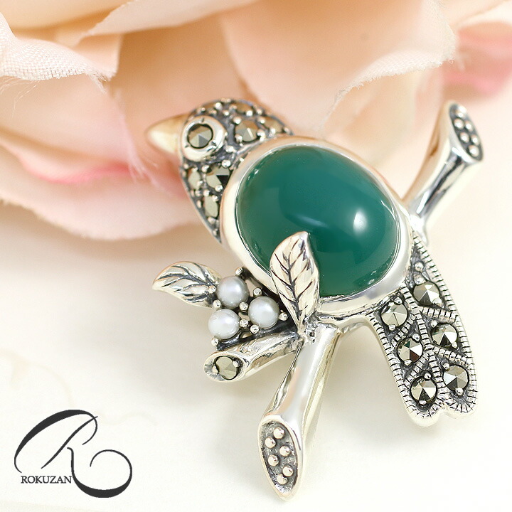 碌山 ロクザン ヴィンテージ オニキス パール シルバーブローチ 925