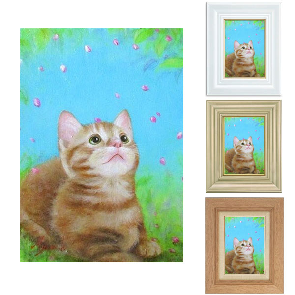 油絵 専用 三代そろった猫と青い花 油絵 専用 三代そろった猫と青い花