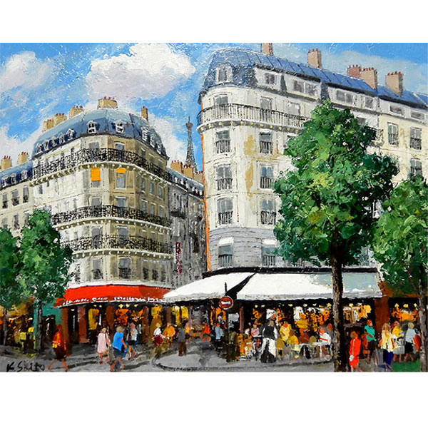 大聖堂風景 作者不詳 油絵 額61×33絵57×28cm ヨーロッパ街の風景 大