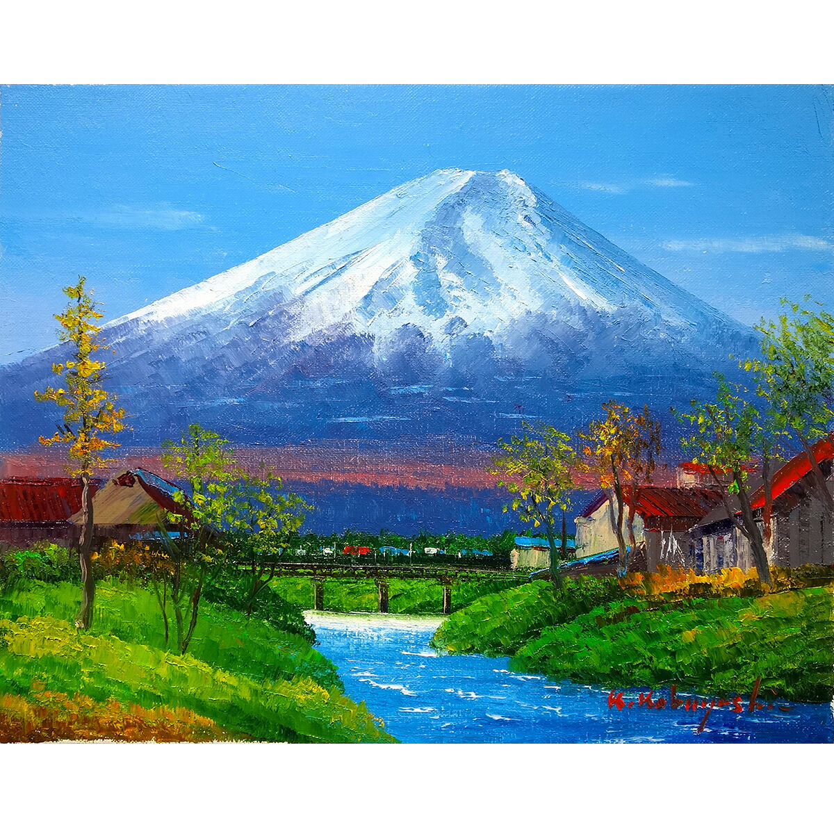 小野萬翠 筆 富士 F8号 落款 直筆サイン有 繊細な色彩描写 額装 小野萬