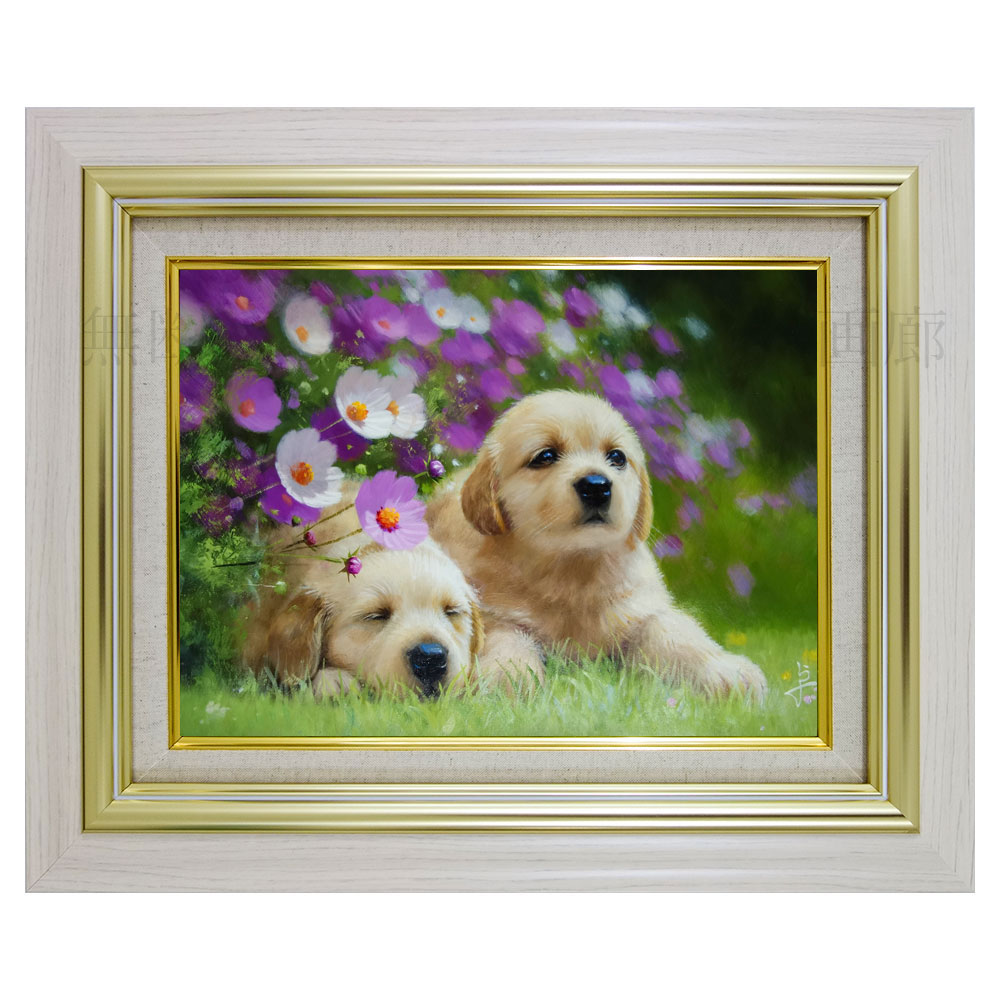 犬の絵「ゴールデンレトリバー 」油彩画 フレーム付き（面版なし） 犬