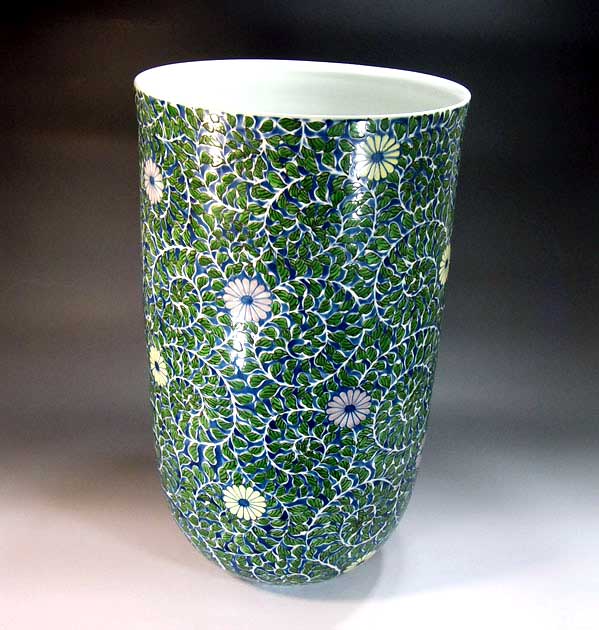 有田焼 色鍋島 菊唐草文 一峰窯 江上峰弥 花瓶 花器 壷 飾壷 共箱 2507