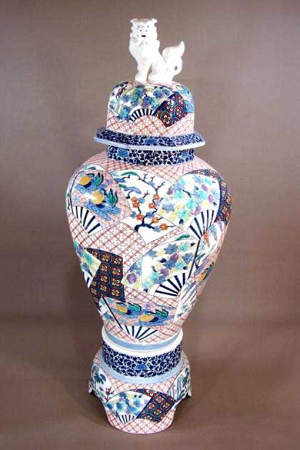 有田焼 池田視行作 二方割 花鳥文 大壺 36cm 骨董品 染
