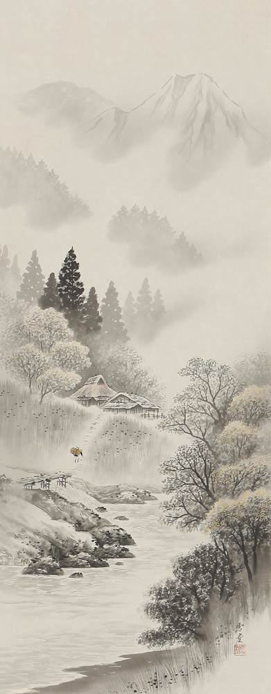 水墨画 雪景色の村 水墨画 雪景色の村 水墨画 雪景色の村 雪景を描く