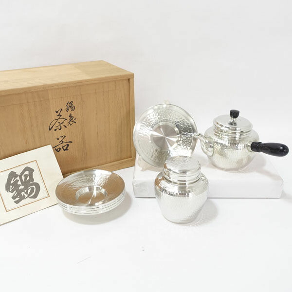 浪華 錫半造 本錫手造り 急須 茶壷 茶托五客など 五点一式 共箱 UR7848