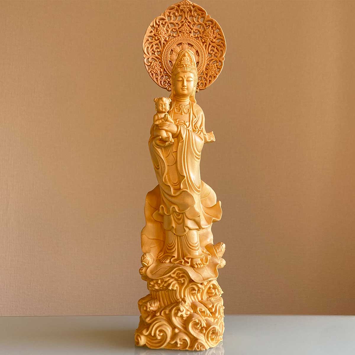 慈母観音像 観音様 置物 金属製 刻印あり 詳細不明 縦14cm 横19.5