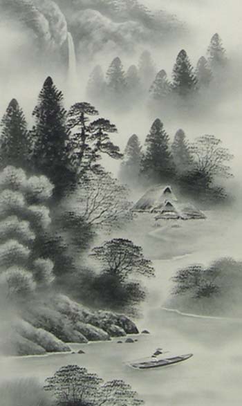 掛軸「水墨山水」前田深青 尺五立（A-333） - 伽楠（かなん） 水墨画