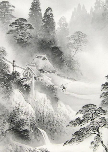 墨絵の山水画の掛け軸