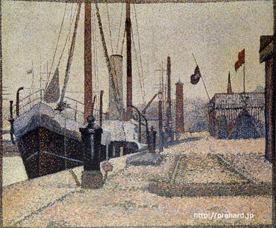 W. Chan 油彩画 船と港の風景 W. Chan 油彩画 船と港の風景