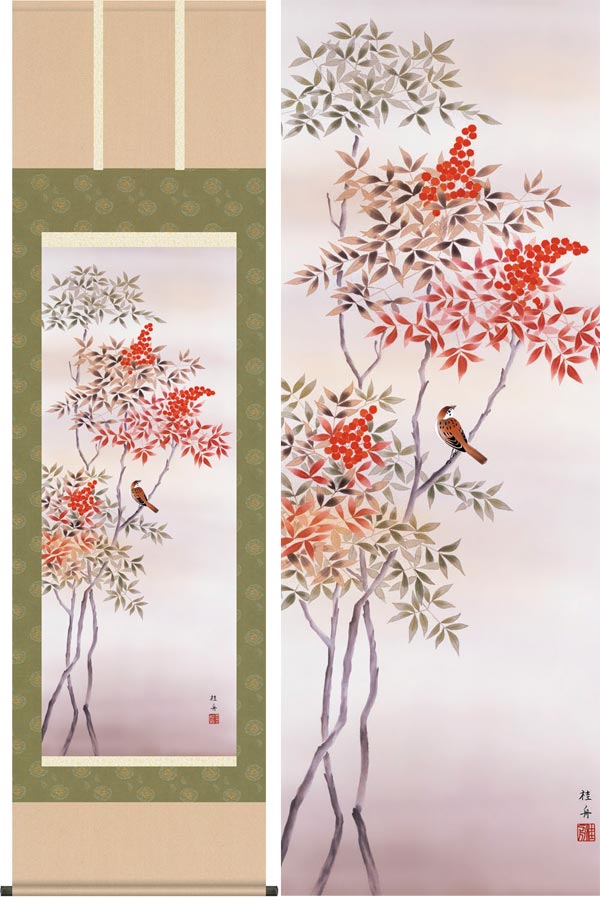 掛け軸 寒椿と雀 掛け軸 寒椿と雀