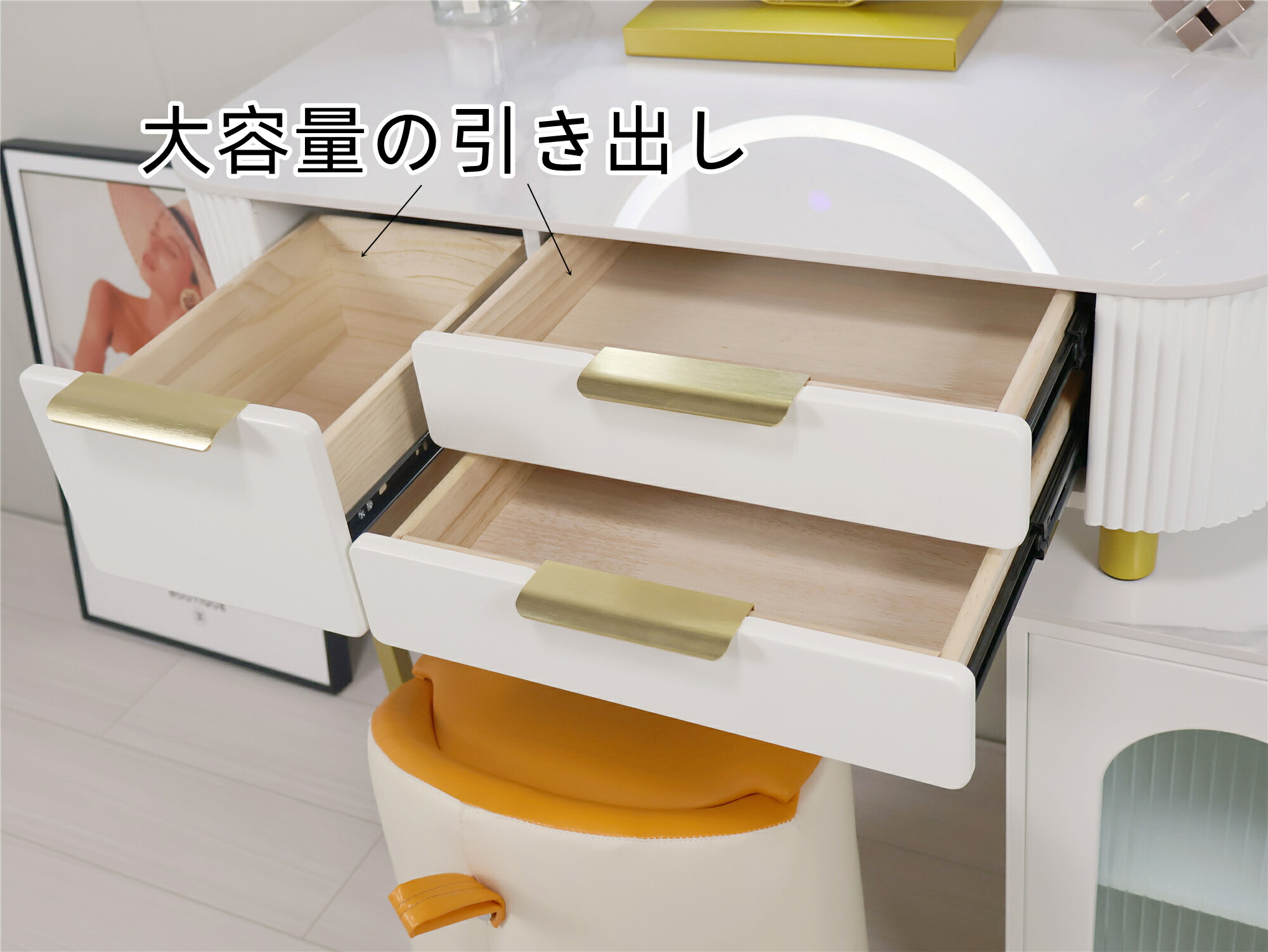 ホワイトゴールド コンパクトドレッサーセット ミラー付き 大容量収納