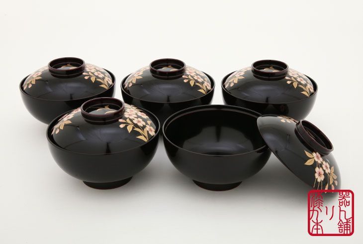 木製漆器山人艸果蒔絵煮物椀山中塗蓋付煮物椀五客揃いアンティーク高級漆器