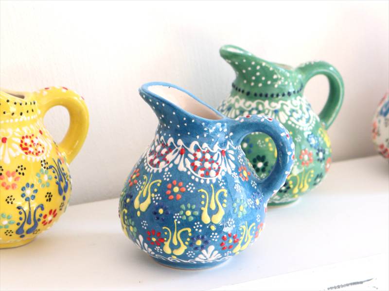 白と紺のストライプ陶器ピッチャー 英国アンティークのクリーマー