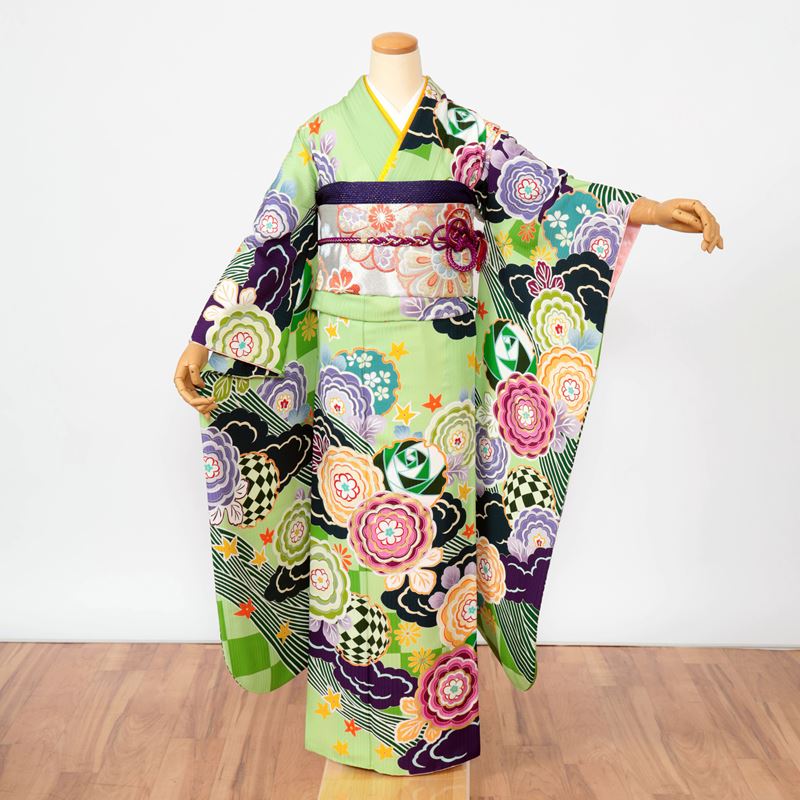 楽天市場】振袖 中古 フルセット 緑 若草色 グリーン 正絹 一式 格安