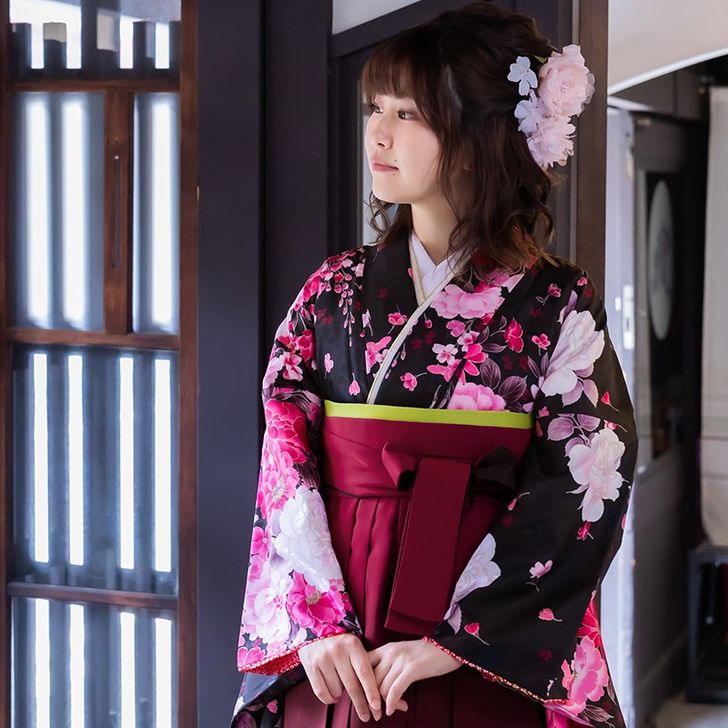 羅紗DD.SD他対応 黒地銀彩牡丹柄着物袴セット JAPAN STYLE×