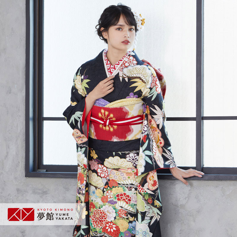 A 振袖 袷 正絹 黒地 お姫様 御所車 菊 菖蒲 着物 和装 和物 成人式 A