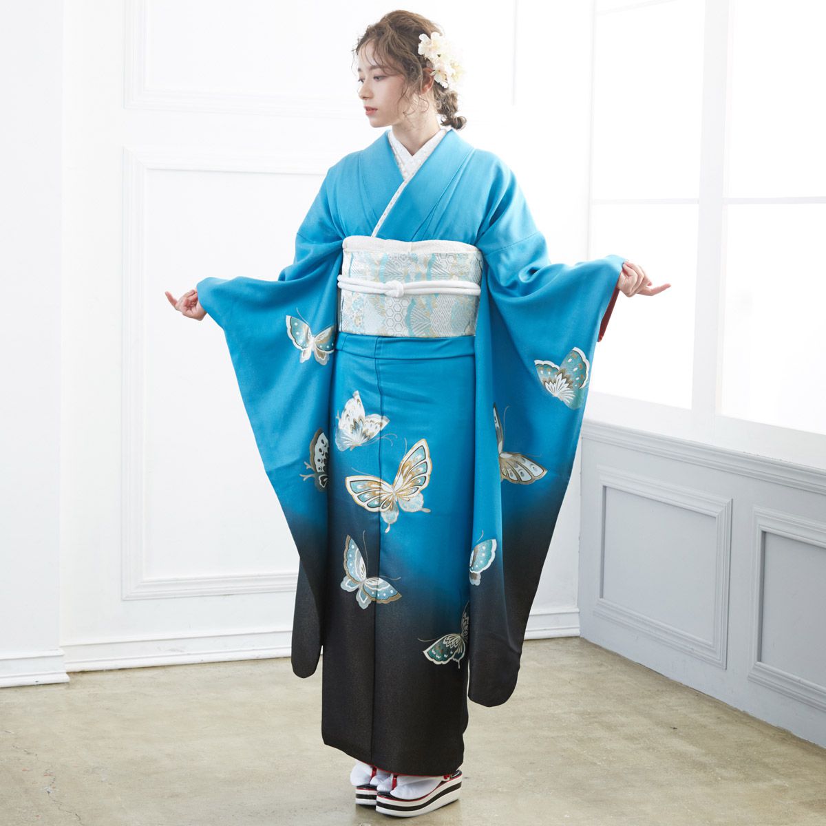 365正絹振袖【上品なニュアンスカラー】【御所車花】振り袖6点フル