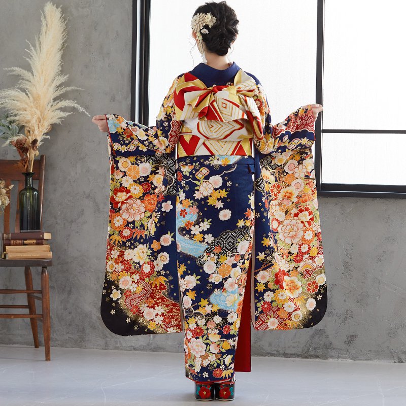 楽天市場】【振袖 レンタル】 結婚式 結納R1451 正絹 紺 流水古典花