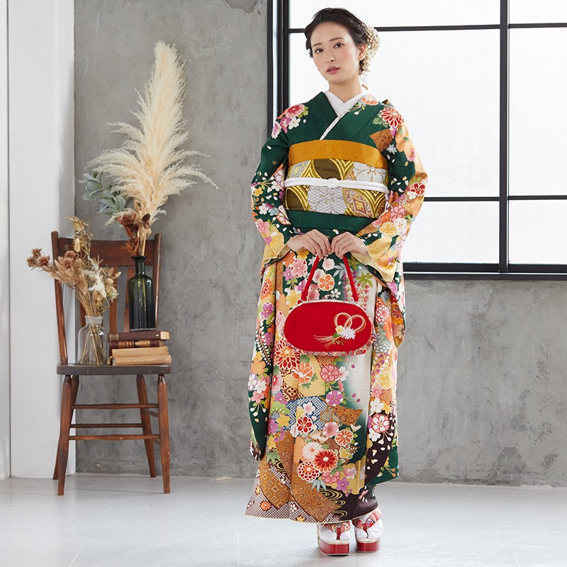楽天市場】【成人式 振袖 レンタル】RS1533 正絹 深緑 豪華古典熨斗桜