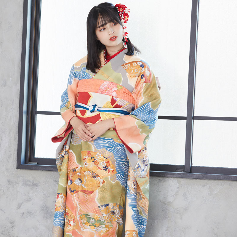 楽天市場】【成人式 振袖 レンタル】RS1666 正絹 緑 扇面草花文様フル