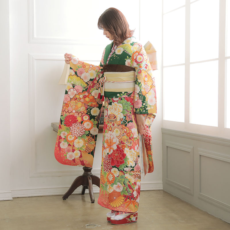 楽天市場】【振袖 レンタル】 結婚式 結納R1675 正絹 緑 雲取に花と