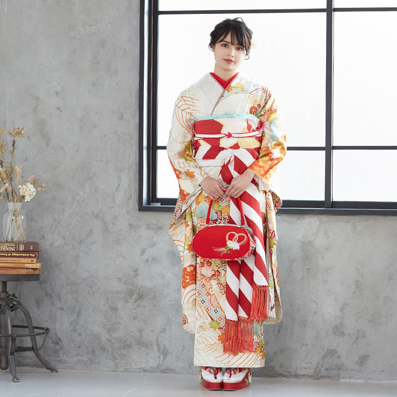 楽天市場】【成人式 振袖 レンタル】RS1625 正絹 白 紅葉 波に貝桶フル