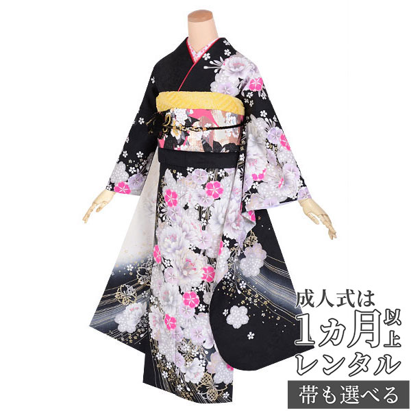 楽天市場】【成人式 振袖 レンタル】RS1639 正絹 黒白 幻想桜文様フル