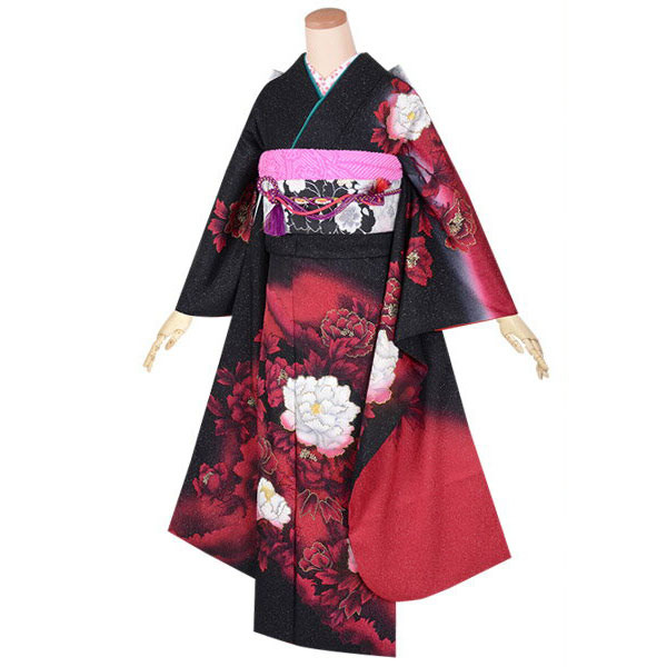 楽天市場】【成人式 振袖 レンタル】RS1744 正絹 黒赤 牡丹花（絹
