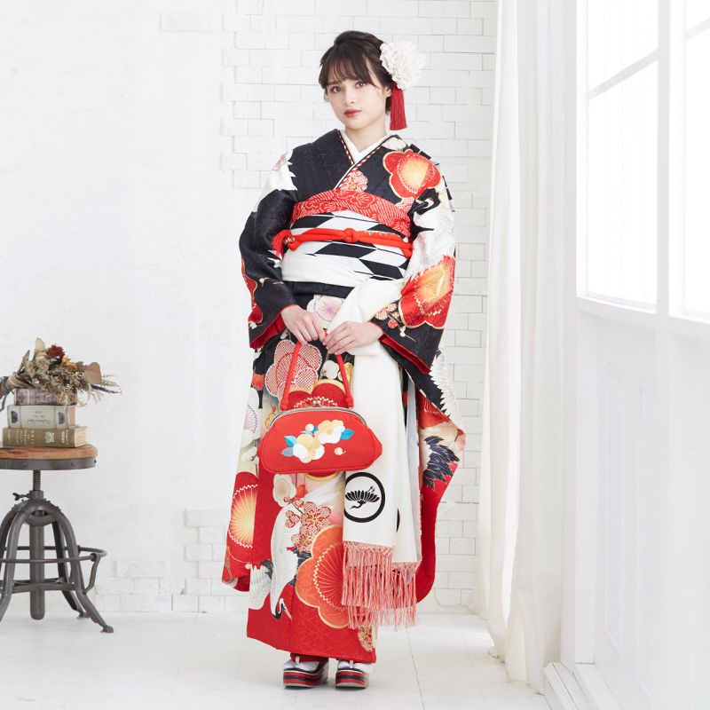 楽天市場】【成人式 振袖 レンタル】RS1755 正絹 黒 梅に鶴フルセット