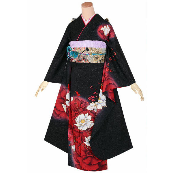 楽天市場】【成人式 振袖 レンタル】RS1760 正絹 黒 赤白花文様（絹
