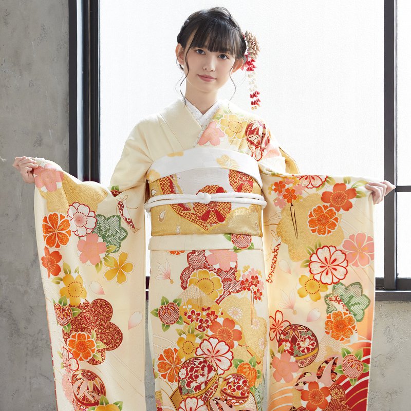 楽天市場】【振袖 レンタル】 結婚式 結納R1734 正絹 薄黄色 波に扇面