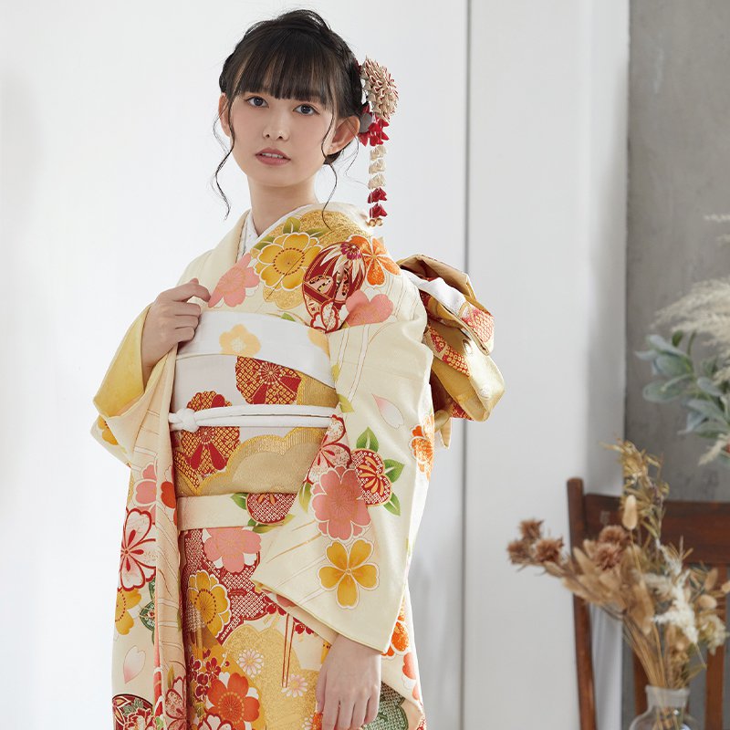 楽天市場】【成人式 振袖 レンタル】RS1734 正絹 薄黄色 波に扇面鞠と
