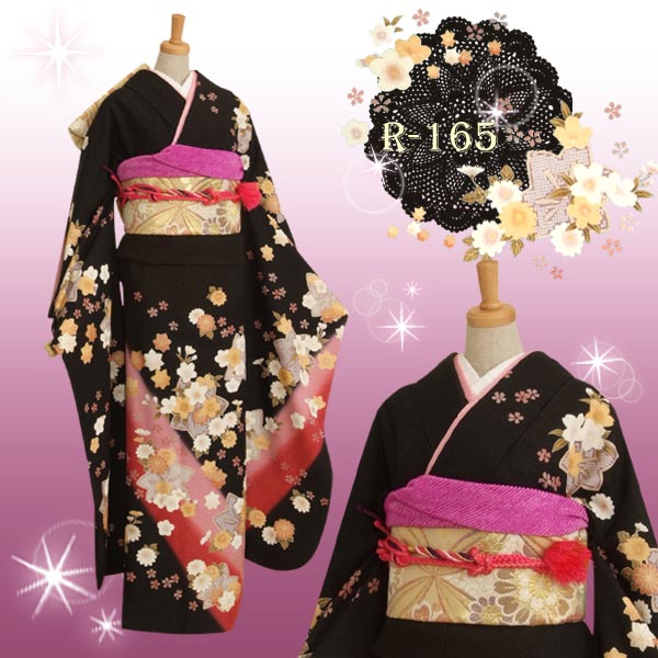 楽天市場】【成人式 振袖 レンタル】RS165 正絹 黒 ピンクもみじフル