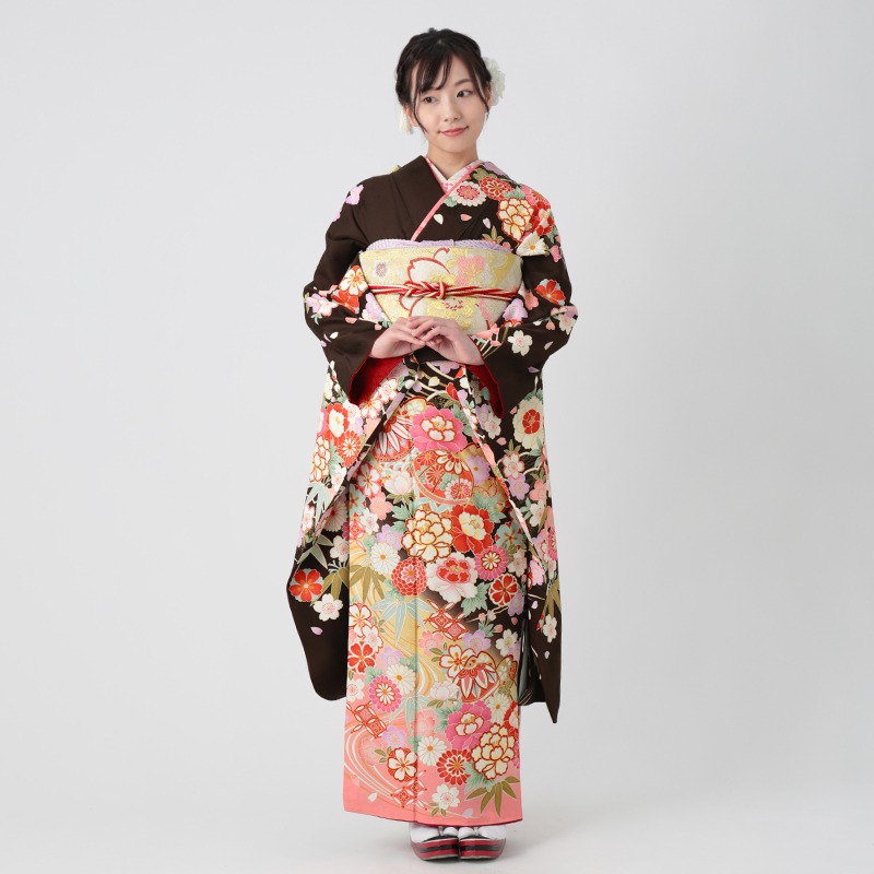 楽天市場】【振袖 レンタル】 結婚式 結納R1066 正絹 茶 毬に桜流水