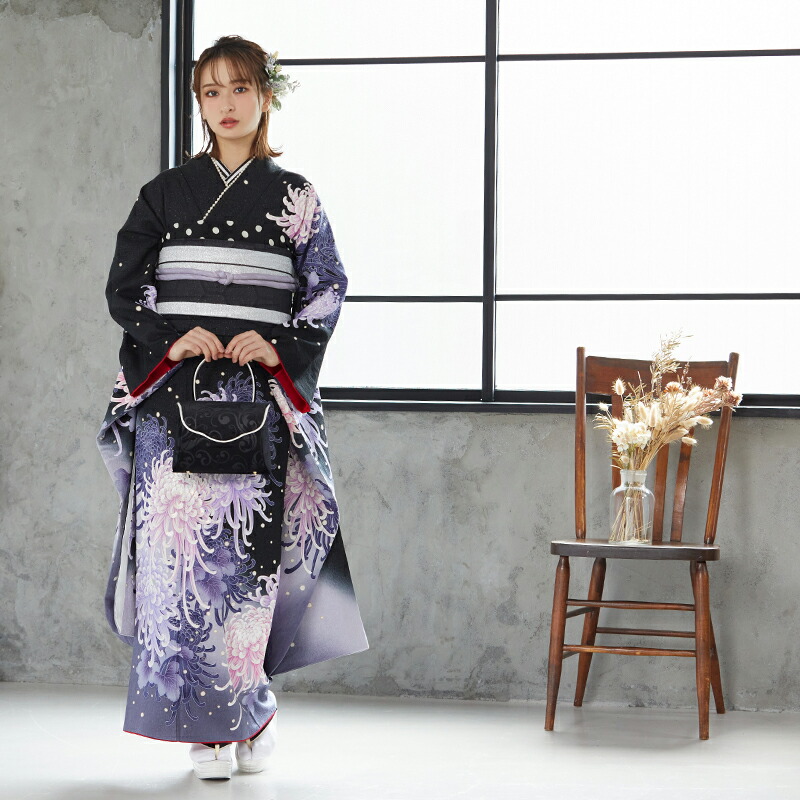 楽天市場】【成人式 振袖 レンタル】RS1069 正絹 黒 菊花フルセット