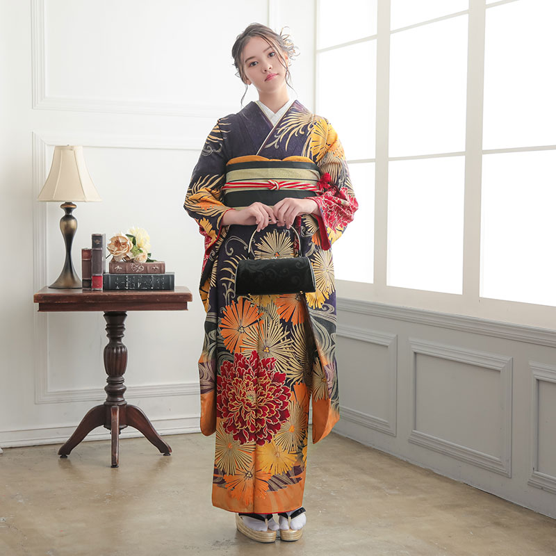 楽天市場】【振袖 レンタル】 結婚式 結納R1074 正絹 紺 牡丹に菊花