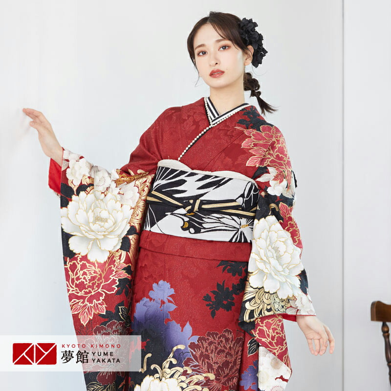 振袖振り袖成人式フルセット正絹赤茶赤茶絞り牡丹蝶桜花柄