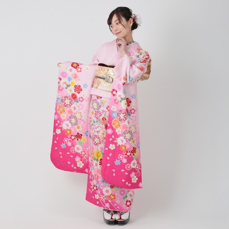 20374【最終価格】振袖5点セット やまと誂製 牡丹 桜 扇子 正絹 振袖 舞鶴