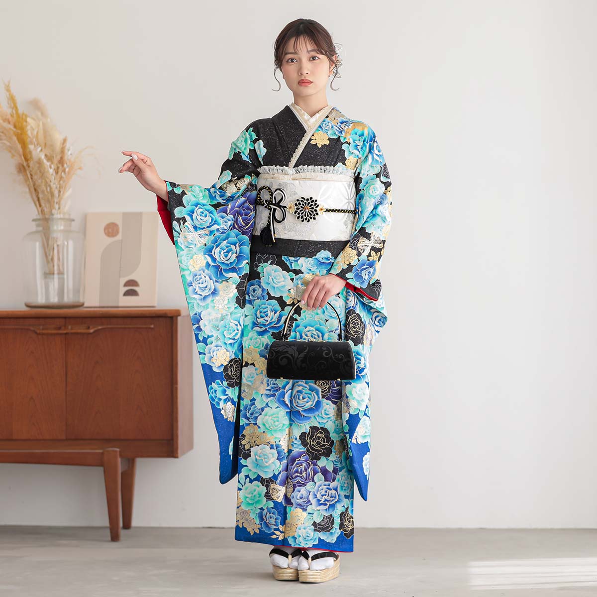 振袖セット 振袖フルセット 正絹振袖 駒刺繍 薔薇 銀通し 金銀系 黒紫