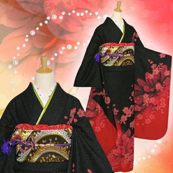 楽天市場】【成人式 振袖 レンタル】RS1194 正絹 黒赤 桜フルセット