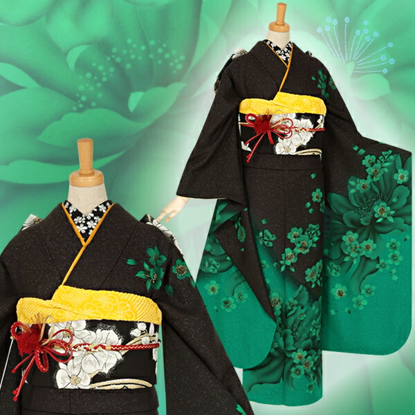 楽天市場】【成人式 振袖 レンタル】RS1195 正絹 黒×緑 桜フルセット