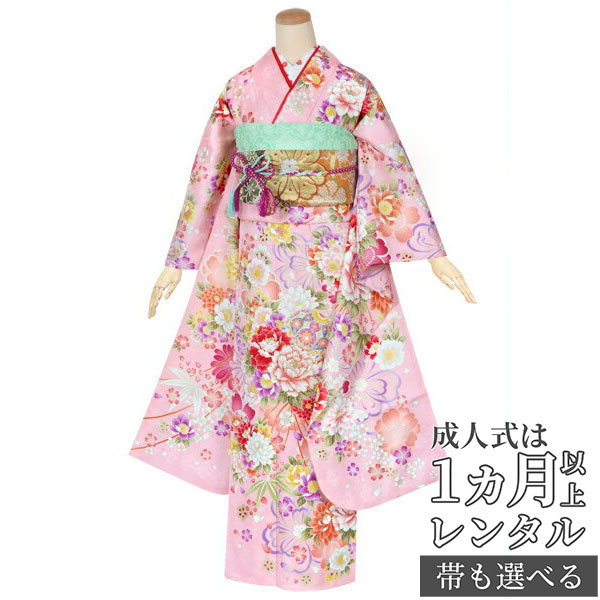 振袖 ピンク系 淡いピンク 銀通し 刺繍 牡丹 桜 リボン 鞠柄 正絹 振袖