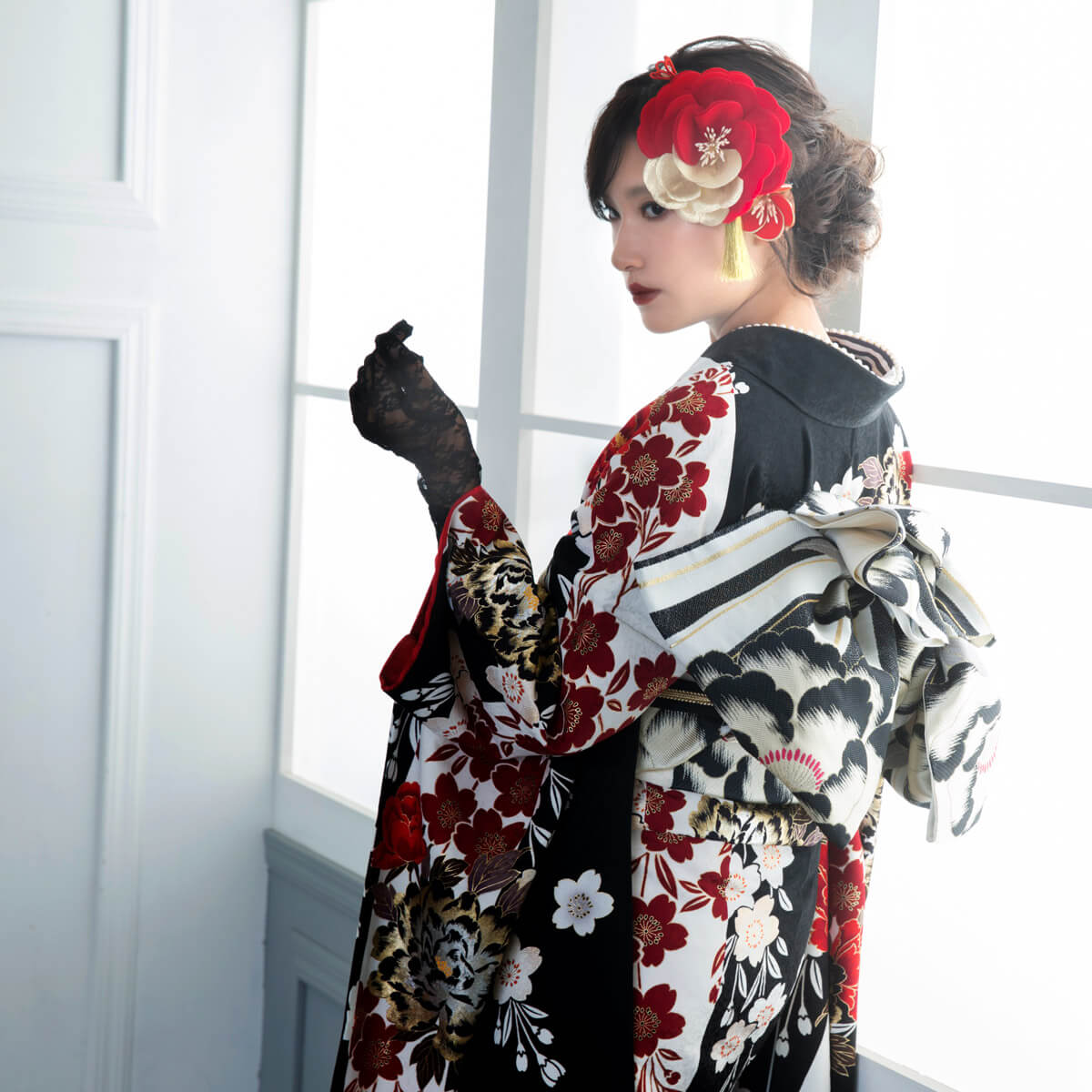 楽天市場】【成人式 振袖 レンタル】RS1359 正絹 黒 豪華金彩 牡丹桜