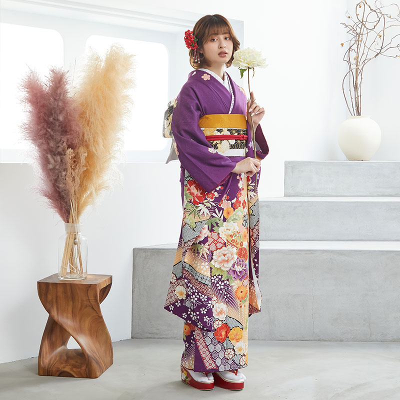 楽天市場】【成人式 振袖 レンタル】RS1336 正絹 紫 牡丹と松竹梅フル